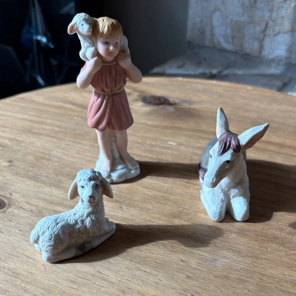 Vintage Lofton Ceramic‎ Nativity Figurine Set: Shepard Boy, Lamb, & Donkey 1995